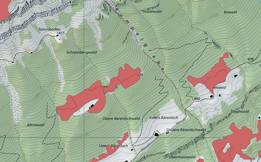 Carte nationale swisstopo avec le périmètre protégé de Schreielberg (Prairie sèche)