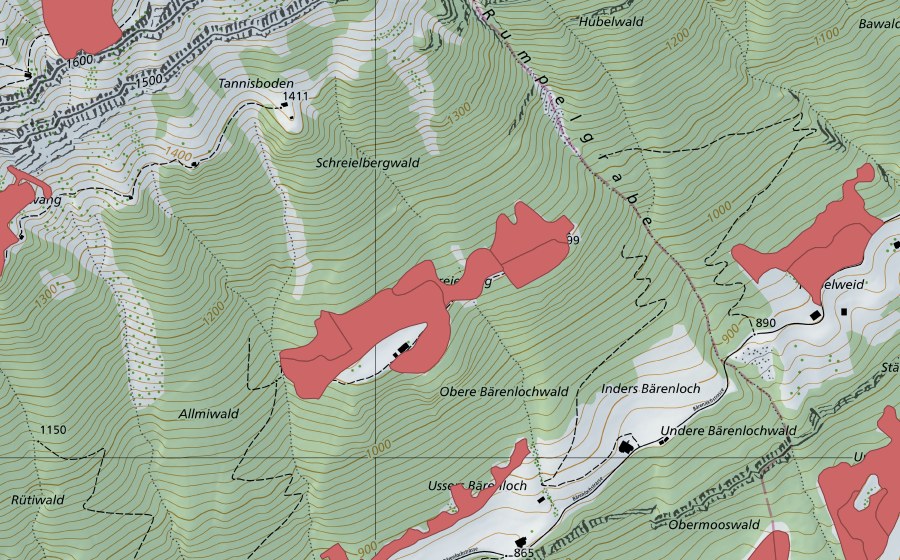 Landeskarte swisstopo mit dem Schutzperimeter von Schreielberg (Trockenwiese)