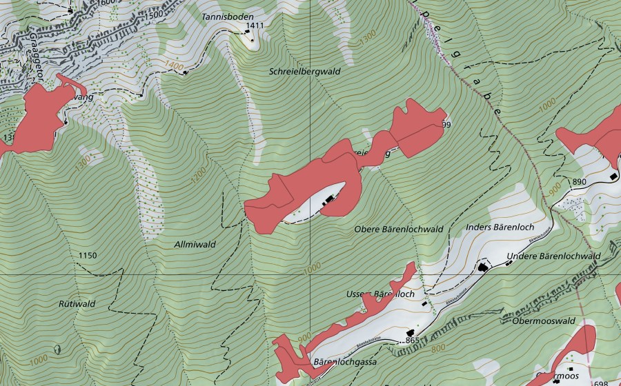 Landeskarte swisstopo mit dem Schutzperimeter von Schreielberg (Trockenwiese)