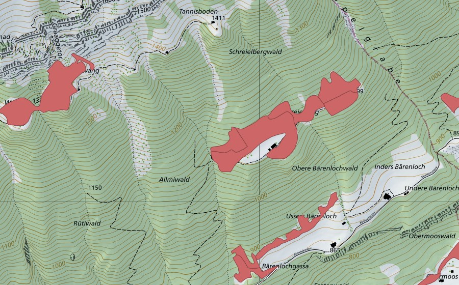 Landeskarte swisstopo mit dem Schutzperimeter von Schreielberg (Trockenwiese)