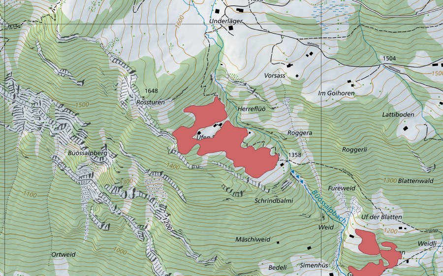 swisstopo national map showing the protected perimeter of Schrind (Dry meadow)