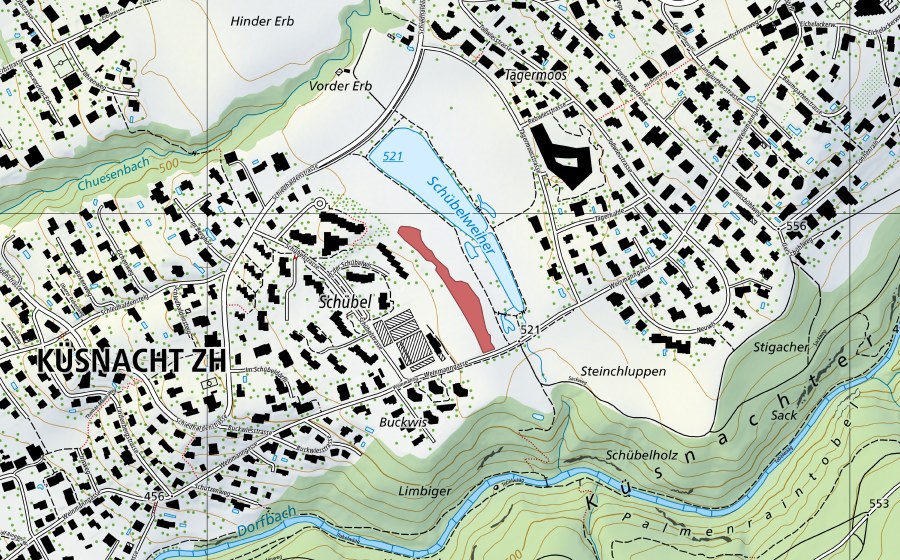 swisstopo national map showing the protected perimeter of Schübel (Dry meadow)