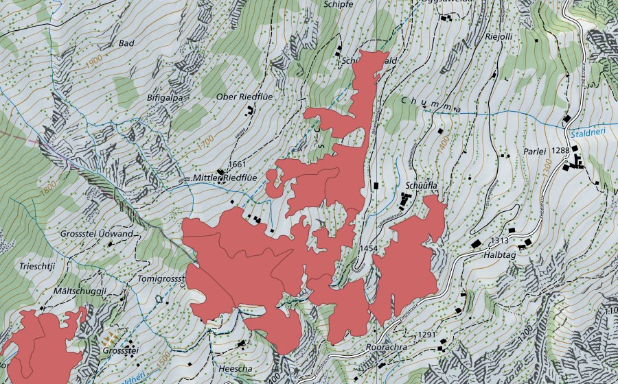 Landeskarte swisstopo mit dem Schutzperimeter von Schüfla (Trockenwiese)