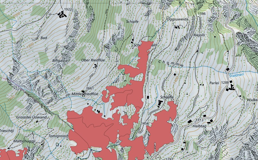 Landeskarte swisstopo mit dem Schutzperimeter von Schüfla (Trockenwiese)