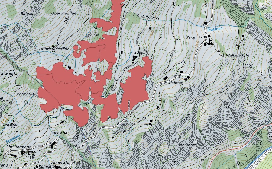 Landeskarte swisstopo mit dem Schutzperimeter von Schüfla (Trockenwiese)