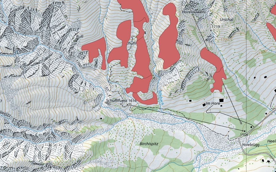 Carte nationale swisstopo avec le périmètre protégé de Schufli (Prairie sèche)