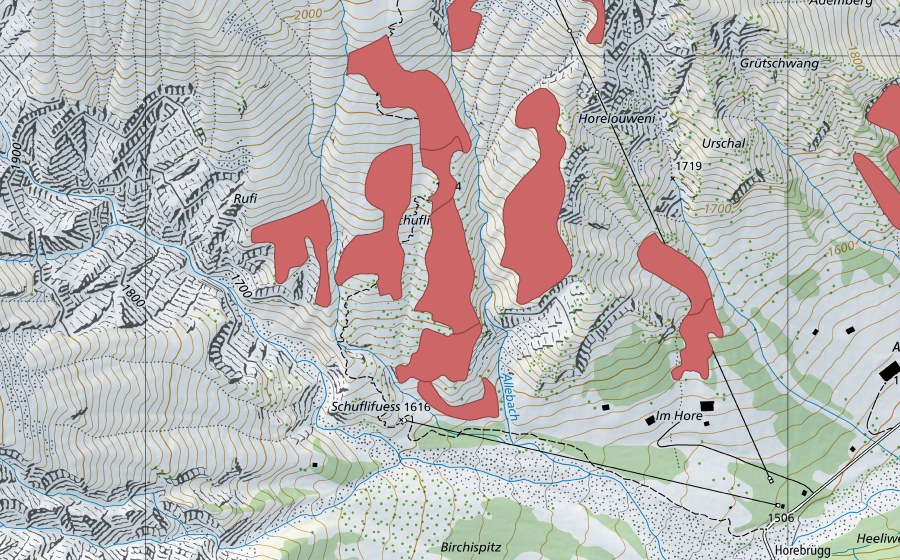 Landeskarte swisstopo mit dem Schutzperimeter von Schufli (Trockenwiese)