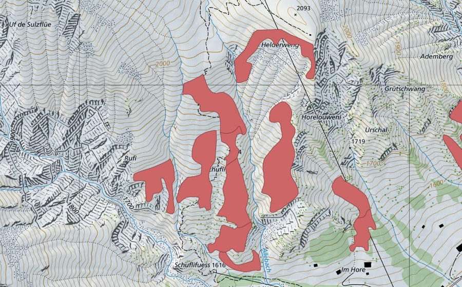Landeskarte swisstopo mit dem Schutzperimeter von Schufli (Trockenwiese)