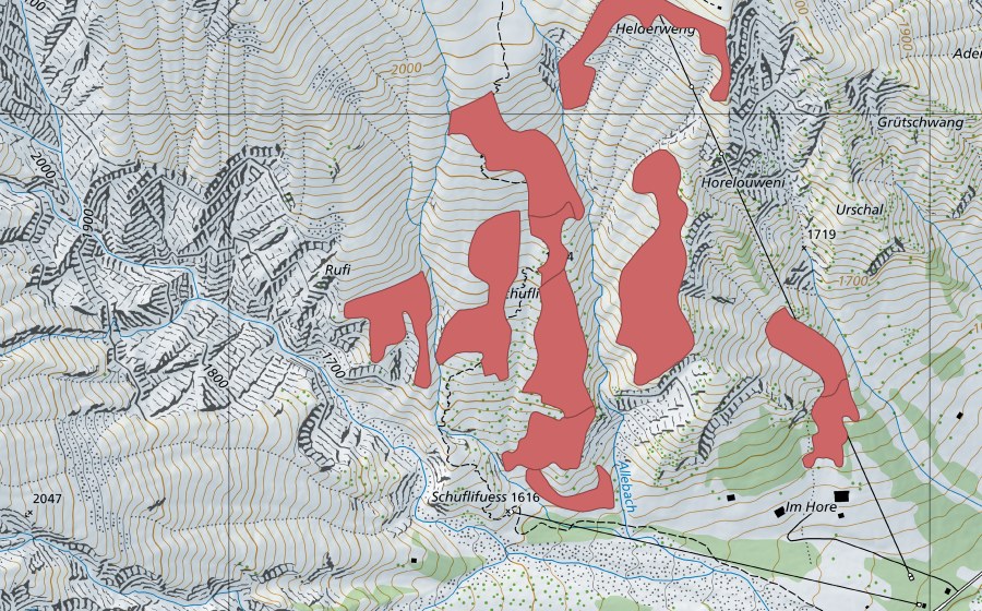 Carte nationale swisstopo avec le périmètre protégé de Schufli (Prairie sèche)