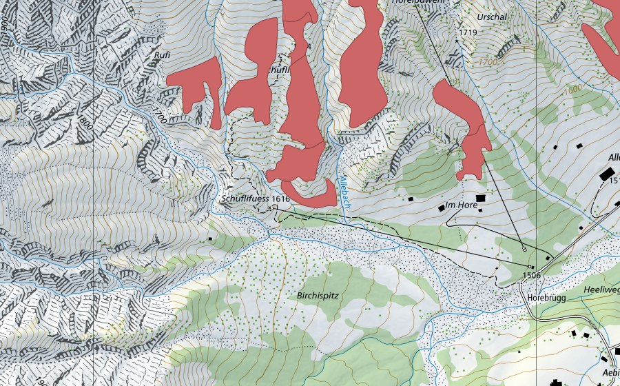 Landeskarte swisstopo mit dem Schutzperimeter von Schufli (Trockenwiese)