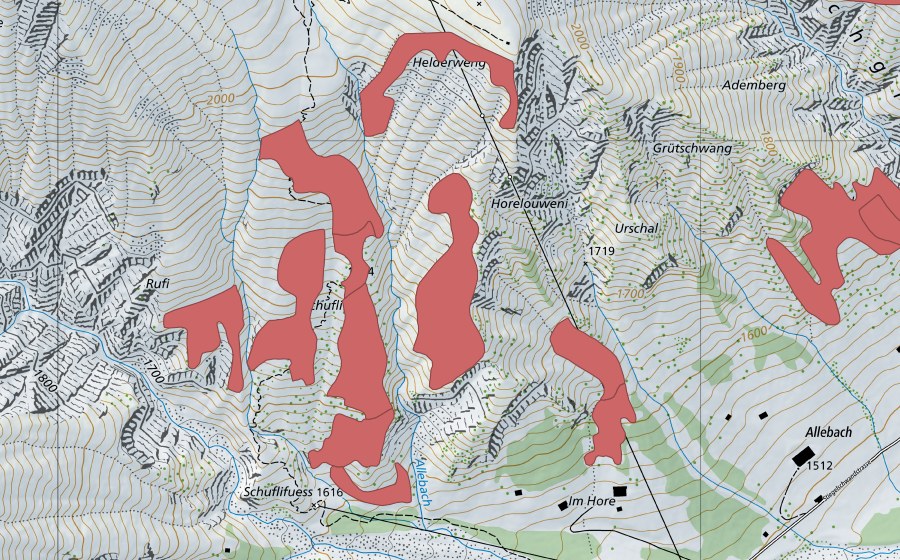 swisstopo national map showing the protected perimeter of Schufli (Dry meadow)
