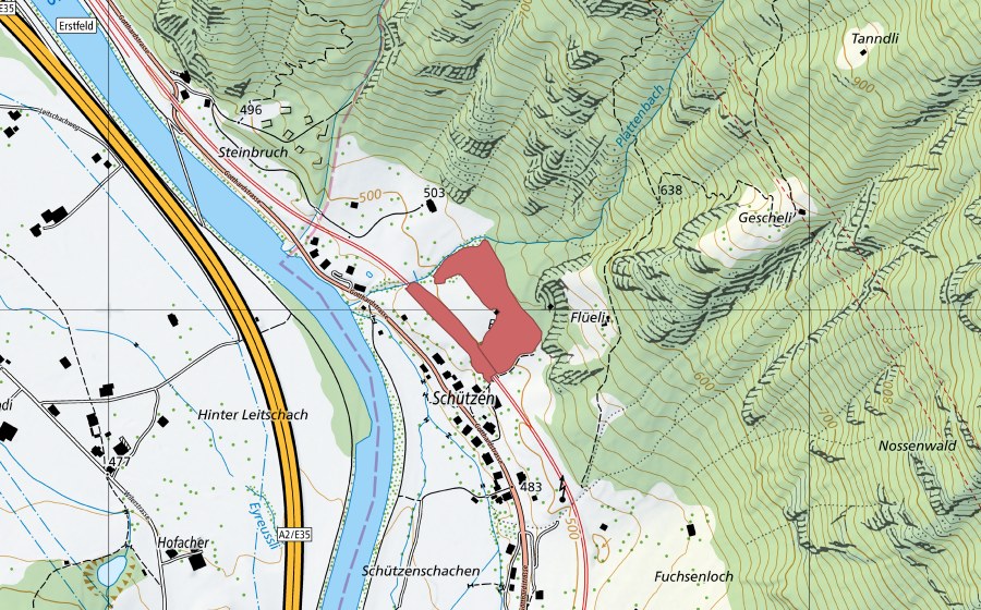 swisstopo national map showing the protected perimeter of Schützen (Dry meadow)