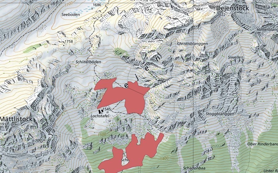 Landeskarte swisstopo mit dem Schutzperimeter von Schwämmli (Trockenwiese)