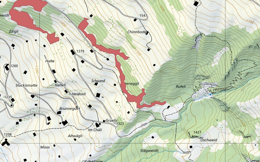 Landeskarte swisstopo mit dem Schutzperimeter von Schwand (Trockenwiese)