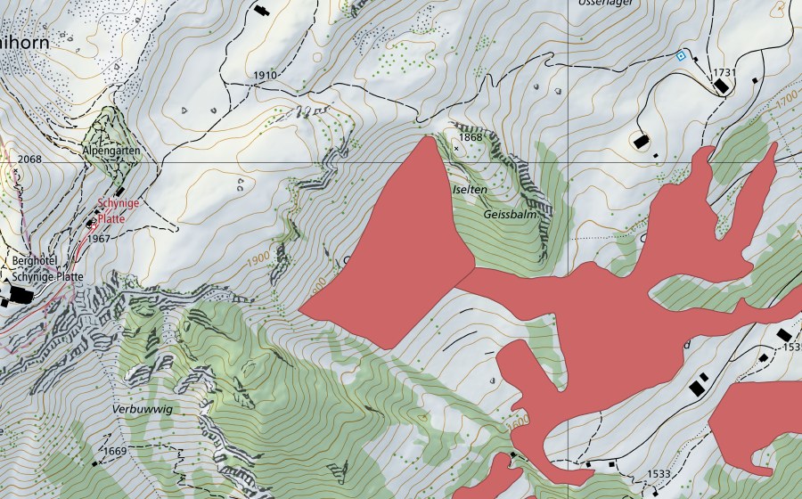 Carte nationale swisstopo avec le périmètre protégé de Schwand (Prairie sèche)