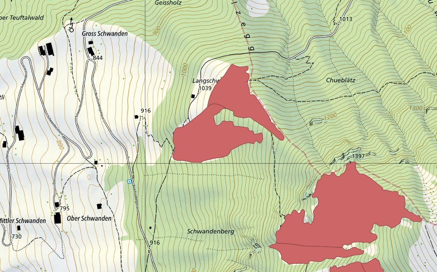 Landeskarte swisstopo mit dem Schutzperimeter von Schwandenberg (Trockenwiese)