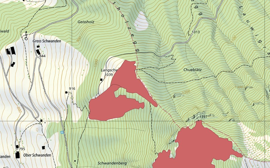 Carte nationale swisstopo avec le périmètre protégé de Schwandenberg (Prairie sèche)