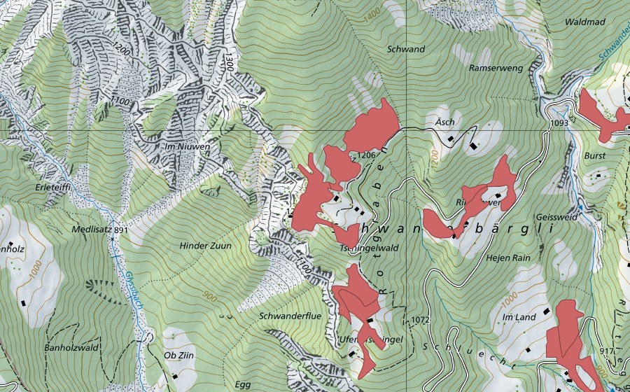 Carte nationale swisstopo avec le périmètre protégé de Schwanderbärgli (Prairie sèche)