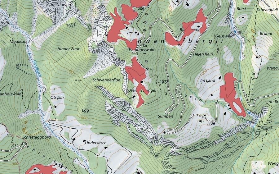Carte nationale swisstopo avec le périmètre protégé de Schwanderbärgli (Prairie sèche)