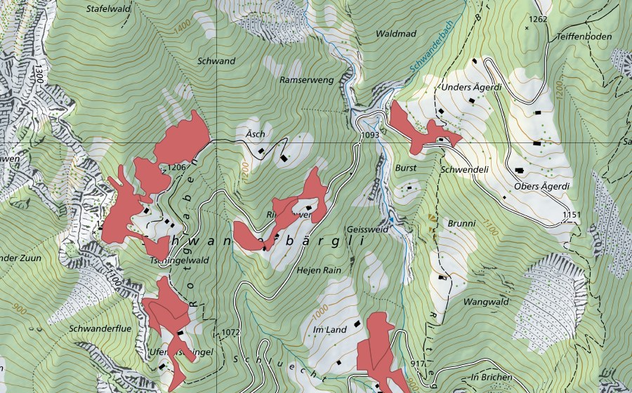 Carte nationale swisstopo avec le périmètre protégé de Schwanderbärgli (Prairie sèche)