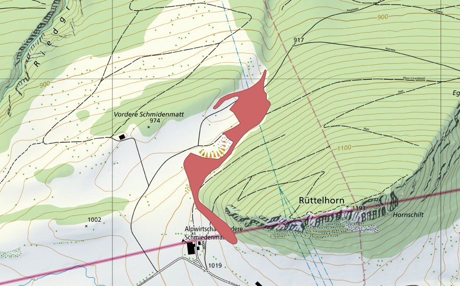 swisstopo national map showing the protected perimeter of Schwang (Dry meadow)