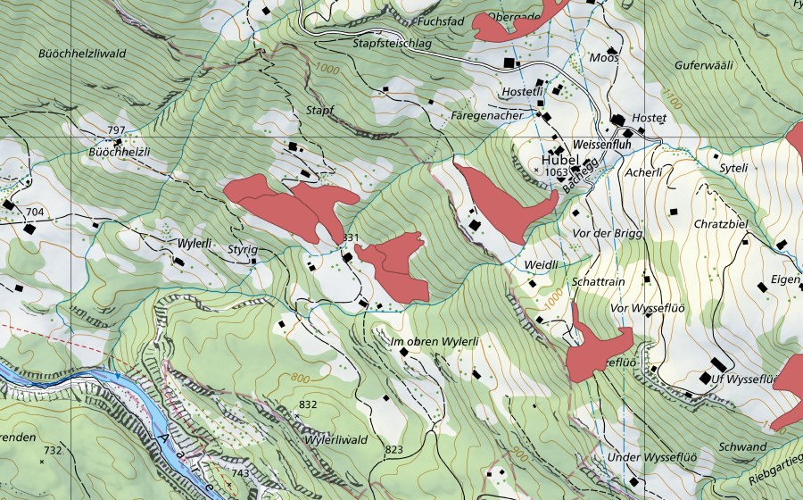 swisstopo national map showing the protected perimeter of Schwarzeflüö (Dry meadow)