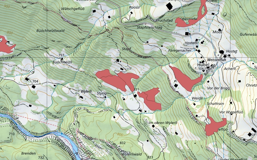 Carte nationale swisstopo avec le périmètre protégé de Schwarzeflüö (Prairie sèche)