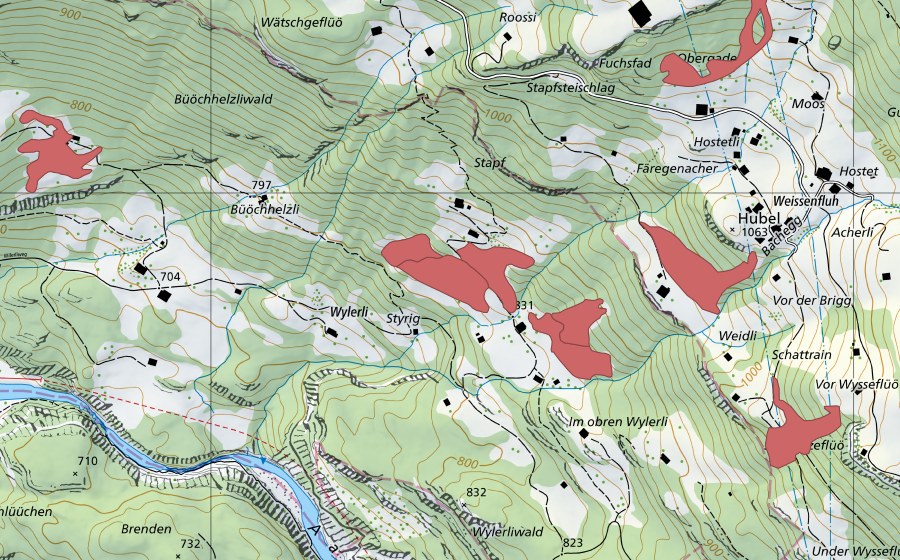 Landeskarte swisstopo mit dem Schutzperimeter von Schwarzeflüö (Trockenwiese)