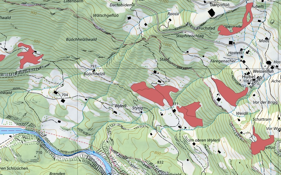 Carte nationale swisstopo avec le périmètre protégé de Schwarzeflüö (Prairie sèche)