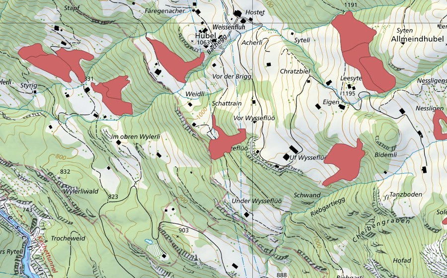 Carte nationale swisstopo avec le périmètre protégé de Schwarzeflüö (Prairie sèche)
