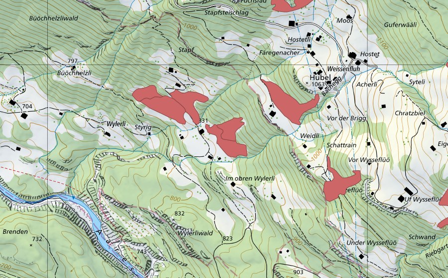 swisstopo national map showing the protected perimeter of Schwarzeflüö (Dry meadow)