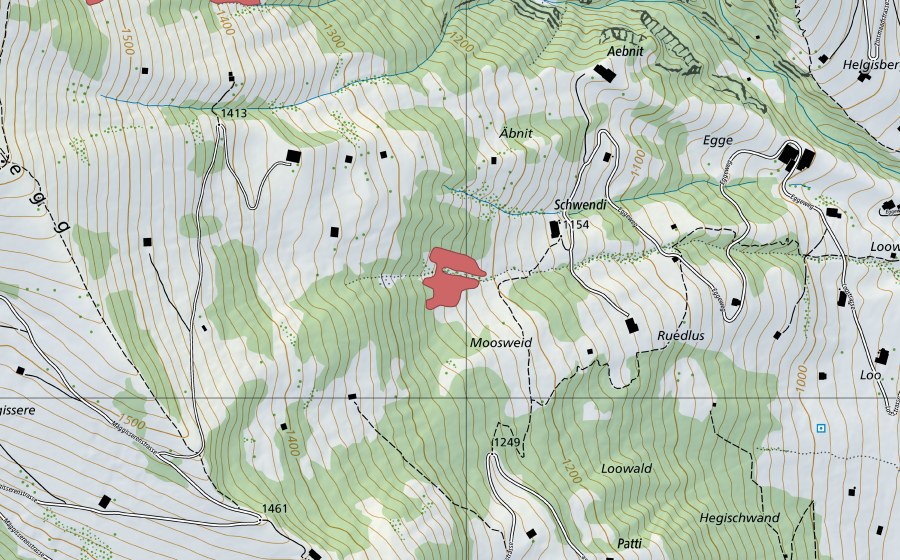 Landeskarte swisstopo mit dem Schutzperimeter von Schwendi (Trockenwiese)