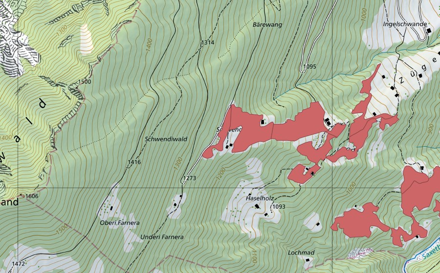 Carte nationale swisstopo avec le périmètre protégé de Schwendi (Prairie sèche)