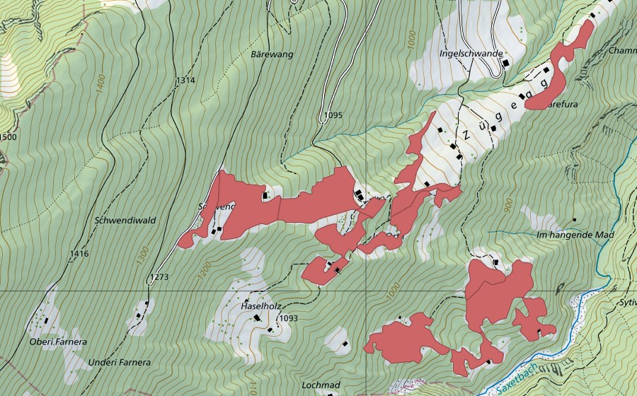 Carte nationale swisstopo avec le périmètre protégé de Schwendi (Prairie sèche)