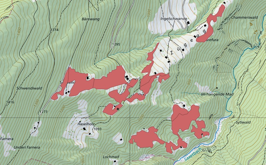 Landeskarte swisstopo mit dem Schutzperimeter von Schwendi (Trockenwiese)