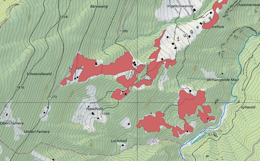 Carte nationale swisstopo avec le périmètre protégé de Schwendi (Prairie sèche)