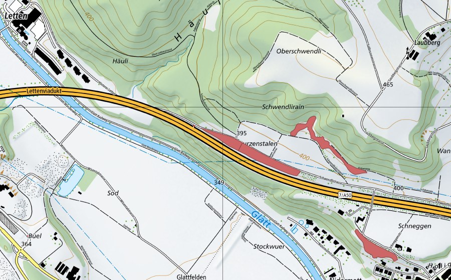 Landeskarte swisstopo mit dem Schutzperimeter von Schwendli (Trockenwiese)