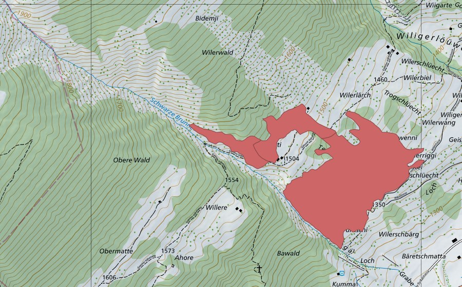 Carte nationale swisstopo avec le périmètre protégé de Schwenni (Prairie sèche)