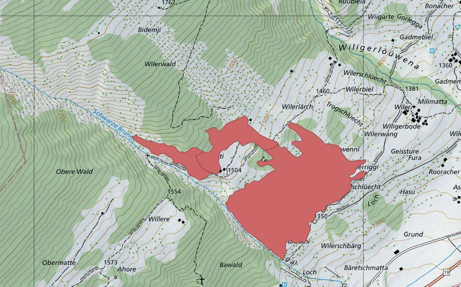 Carte nationale swisstopo avec le périmètre protégé de Schwenni (Prairie sèche)