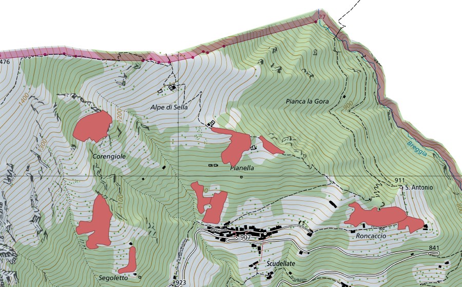 swisstopo national map showing the protected perimeter of Scudellate (Dry meadow)