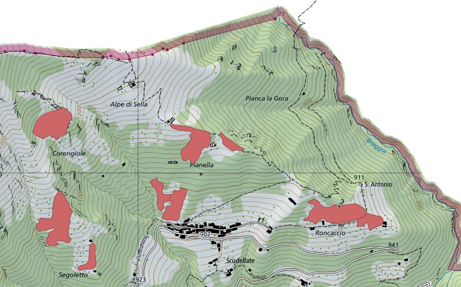 swisstopo national map showing the protected perimeter of Scudellate (Dry meadow)