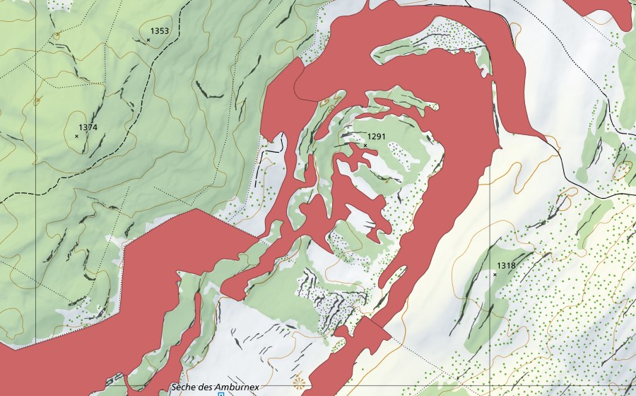 Carte nationale swisstopo avec le périmètre protégé de Sèche des Amburnex (Prairie sèche)