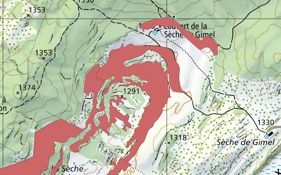 Landeskarte swisstopo mit dem Schutzperimeter von Sèche des Amburnex (Trockenwiese)