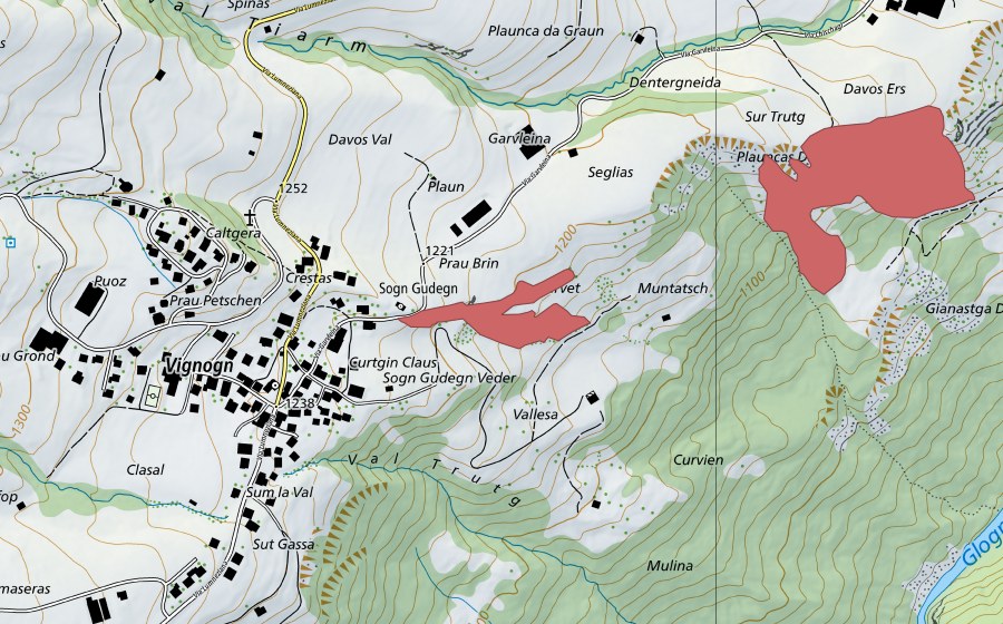 Landeskarte swisstopo mit dem Schutzperimeter von Seglias (Trockenwiese)