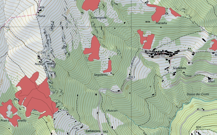 swisstopo national map showing the protected perimeter of Segoletto (Dry meadow)