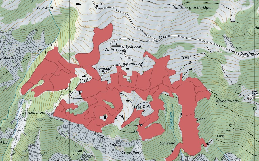 Landeskarte swisstopo mit dem Schutzperimeter von Sengg (Trockenwiese)
