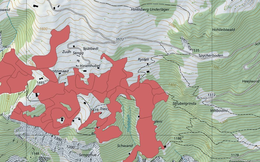 Carte nationale swisstopo avec le périmètre protégé de Sengg (Prairie sèche)