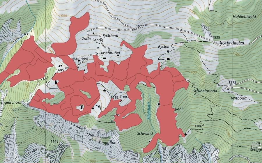 Landeskarte swisstopo mit dem Schutzperimeter von Sengg (Trockenwiese)