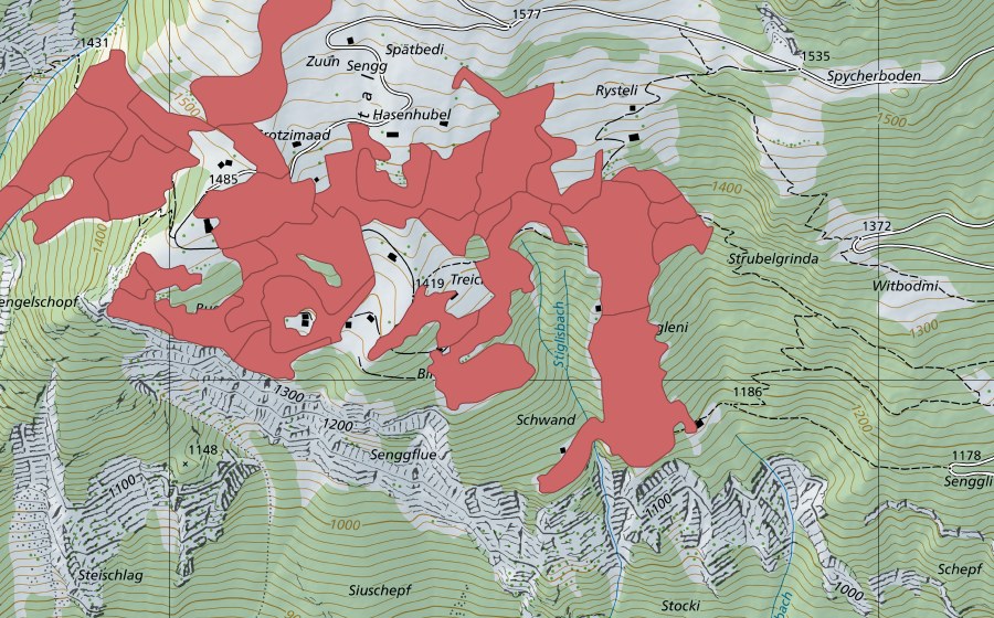 swisstopo national map showing the protected perimeter of Sengg (Dry meadow)
