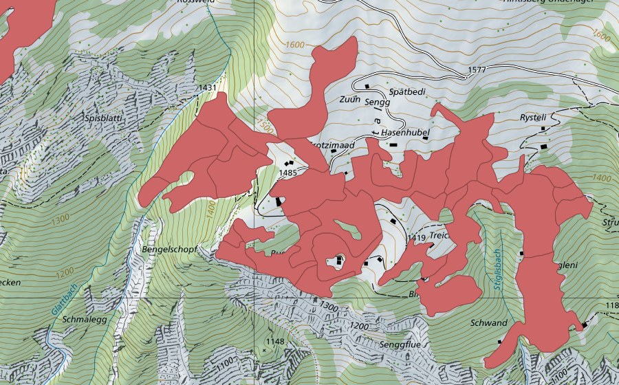 swisstopo national map showing the protected perimeter of Sengg (Dry meadow)